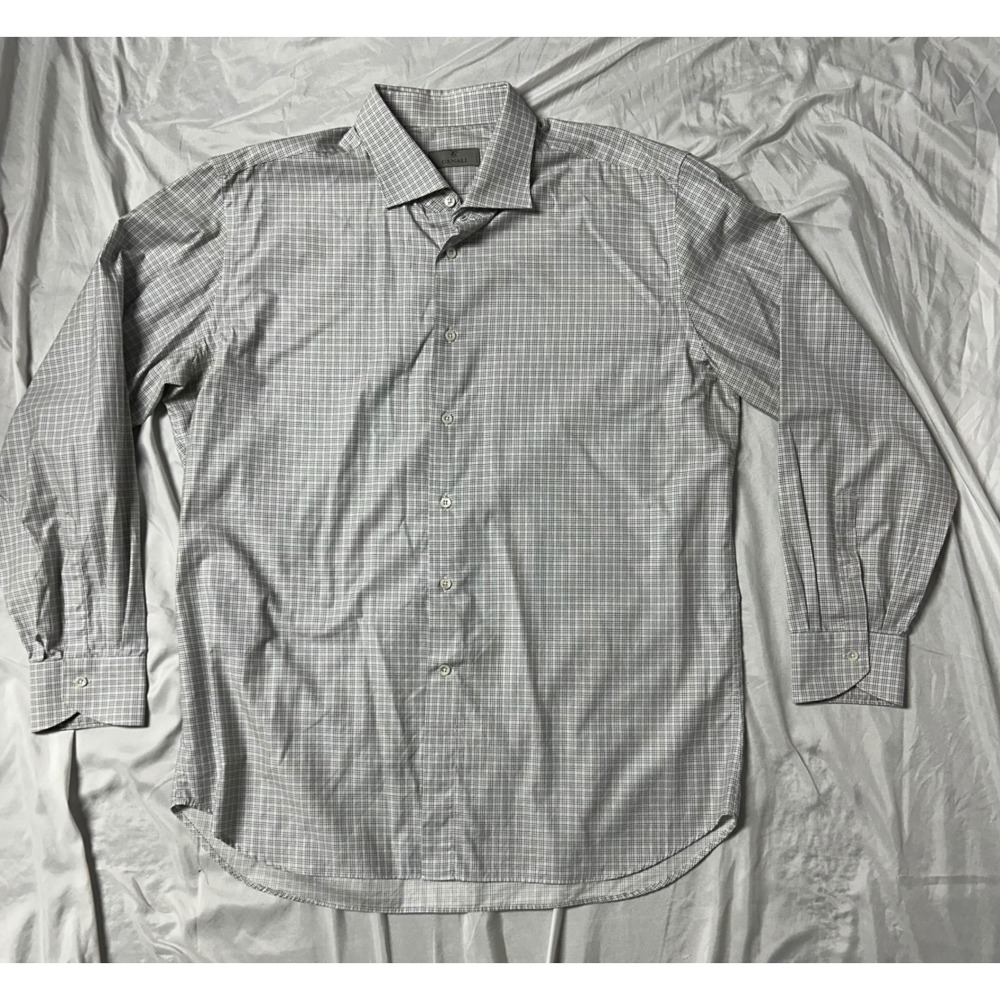 Canali 1934 Mens Dress Shirt Grey Blue Check Spread Collar Made in Italy Size 46